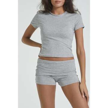 YETOWA Women's Casual Workout Two Piece Outfits Slim Short Sleeve Low Waist Foldover Shorts Tracksuit Sets Streetwear