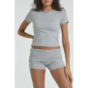 YETOWA Women's Casual Workout Two Piece Outfits Slim Short Sleeve Low Waist Foldover Shorts Tracksuit Sets Streetwear