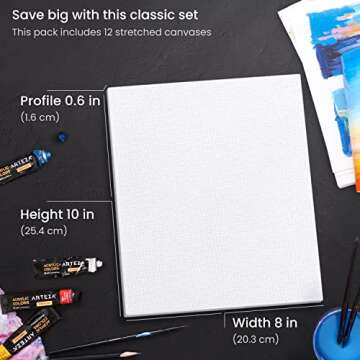 ARTEZA Stretched Canvas, 8 x 10 Inches, Pack of 12, Blank White Canvas for Painting for Acrylic, Oil and Gouache Paints