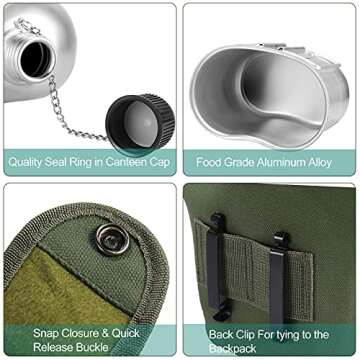 Military Canteen Cookware Set Include 1 QT Military Army Aluminum Alloy Canteen 0.5 QT Multi-Functio...