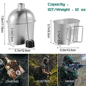 Military Canteen Cookware Set Include 1 QT Military Army Aluminum Alloy Canteen 0.5 QT Multi-Functional Water Bottle with Grab Handled Cup Green Canvas Cover Bag for Outdoor Camping Hiking