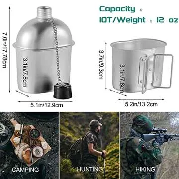 Military Canteen Cookware Set Include 1 QT Military Army Aluminum Alloy Canteen 0.5 QT Multi-Functional Water Bottle with Grab Handled Cup Green Canvas Cover Bag for Outdoor Camping Hiking