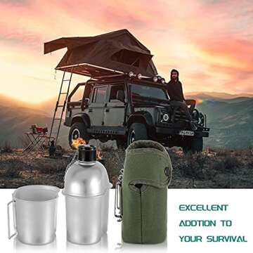 Military Canteen Cookware Set Include 1 QT Military Army Aluminum Alloy Canteen 0.5 QT Multi-Functional Water Bottle with Grab Handled Cup Green Canvas Cover Bag for Outdoor Camping Hiking
