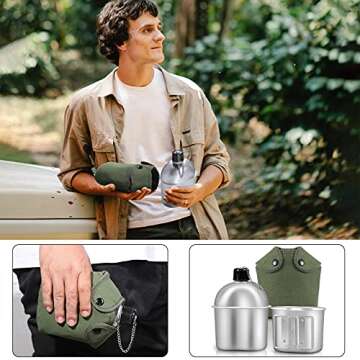 Military Canteen Cookware Set Include 1 QT Military Army Aluminum Alloy Canteen 0.5 QT Multi-Functional Water Bottle with Grab Handled Cup Green Canvas Cover Bag for Outdoor Camping Hiking
