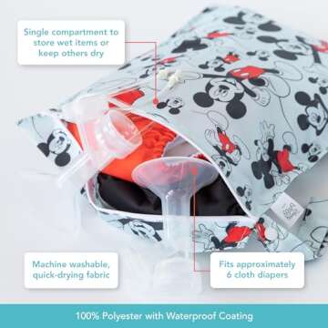Bumkins Disney Waterproof Wet Bag for Baby, Travel, Swim Suit, Cloth Diapers, Pump Parts, Pool, Gym Clothes, Toiletry, Strap to Stroller, Daycare, Zipper Reusable Bag, Packing Pouch, Mickey Mouse