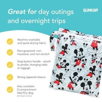 Bumkins Disney Waterproof Wet Bag for Baby, Travel, Swim Suit, Cloth Diapers, Pump Parts, Pool, Gym Clothes, Toiletry, Strap to Stroller, Daycare, Zipper Reusable Bag, Packing Pouch, Mickey Mouse