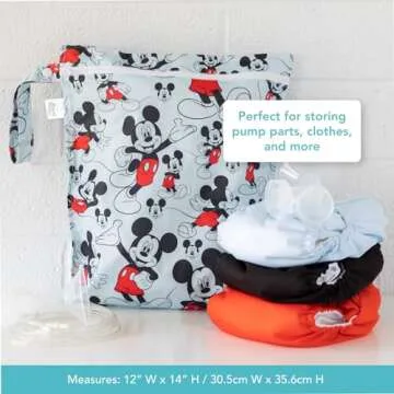 Bumkins Disney Waterproof Wet Bag for Baby, Travel, Swim Suit, Cloth Diapers, Pump Parts, Pool, Gym Clothes, Toiletry, Strap to Stroller, Daycare, Zipper Reusable Bag, Packing Pouch, Mickey Mouse