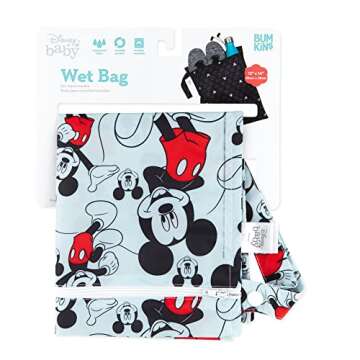 Bumkins Disney Waterproof Wet Bag for Baby, Travel, Swim Suit, Cloth Diapers, Pump Parts, Pool, Gym Clothes, Toiletry, Strap to Stroller, Daycare, Zipper Reusable Bag, Packing Pouch, Mickey Mouse