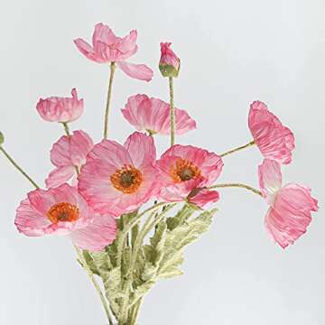 Kamang Artificial Poppy Pink Silk Flowers (3 Stems) for Home Decor, Wedding, Pink Room Decor. Faux P...