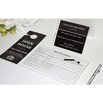 Realtor Open House Supplies – Real Estate Sign in Book Notepads to Collect Buyer Info & Opinion about the Home For Sale. Instructional Open House Door Hanger & Tent Card Signs, Tasteful Design. Two-Pack. Life Charge. Made in the USA.