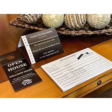 Realtor Open House Supplies – Real Estate Sign in Book Notepads to Collect Buyer Info & Opinion about the Home For Sale. Instructional Open House Door Hanger & Tent Card Signs, Tasteful Design. Two-Pack. Life Charge. Made in the USA.