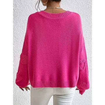 Verdusa Pearls Heart V Neck Sweater Hot Pink Loose Knit Top