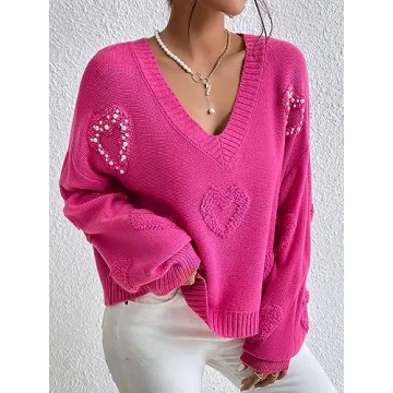 Verdusa Pearls Heart V Neck Sweater Hot Pink Loose Knit Top