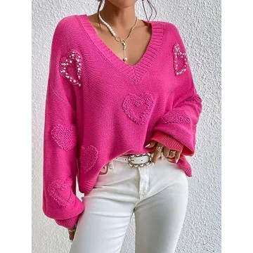 Verdusa Pearls Heart V Neck Sweater Hot Pink Loose Knit Top