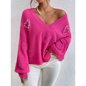 Verdusa Pearls Heart V Neck Sweater Hot Pink Loose Knit Top