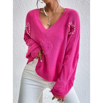 Verdusa Pearls Heart V Neck Sweater Hot Pink Loose Knit Top