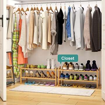 viewcare 2-Tier Bamboo Shoe Rack for Entryway, Bamboo Wood Shoe Organizer for Hallway Closet, Free Standing Shoe Racks for Indoor Outdoor