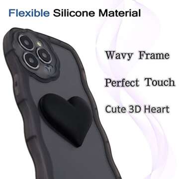 LANJINDENG Compatible with iPhone 13 Pro Max Case Cute 3D Black Heart Design with Lovely Bracelet Chain, Wavy Frame Soft Flexible TPU Bumper Clear iPhone 13 Pro Max Case for Girls Women