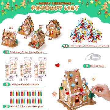 Poen 12 Pack Christmas Gingerbread House Kit Christmas Craft Kit DIY Christmas Cardboard House with Pom Poms, Markers, Stickers, Tapes for Xmas Party Game Craft Supplies(Classic Style)