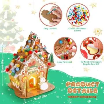 Poen 12 Pack Christmas Gingerbread House Kit Christmas Craft Kit DIY Christmas Cardboard House with Pom Poms, Markers, Stickers, Tapes for Xmas Party Game Craft Supplies(Classic Style)