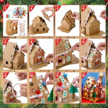 Poen 12 Pack Christmas Gingerbread House Kit Christmas Craft Kit DIY Christmas Cardboard House with Pom Poms, Markers, Stickers, Tapes for Xmas Party Game Craft Supplies(Classic Style)