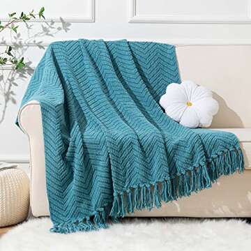 BATTILO HOME Teal Throw Blanket for Couch, Knit Woven Turquoise Blankets Versatile for Chair, Super Soft Warm Decorative Green Blanket with Tassels for Bed Sofa, 50"x60"