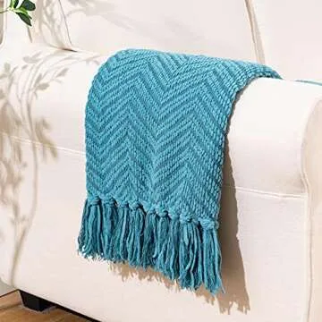 BATTILO HOME Teal Throw Blanket for Couch, Knit Woven Turquoise Blankets Versatile for Chair, Super Soft Warm Decorative Green Blanket with Tassels for Bed Sofa, 50"x60"