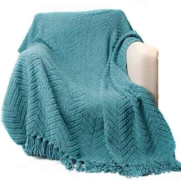 BATTILO HOME Teal Throw Blanket for Couch, Knit Woven Turquoise Blankets Versatile for Chair, Super Soft Warm Decorative Green Blanket with Tassels for Bed Sofa, 50"x60"