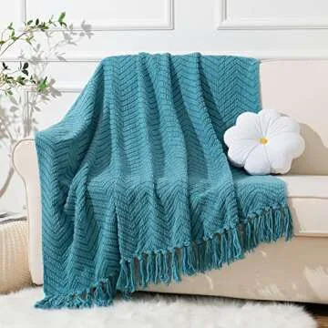 BATTILO HOME Teal Throw Blanket for Couch, Knit Woven Turquoise Blankets Versatile for Chair, Super Soft Warm Decorative Green Blanket with Tassels for Bed Sofa, 50"x60"