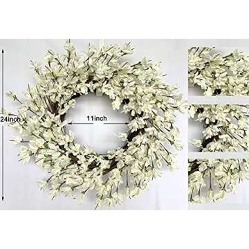 White Cream Forsythia Wreath 24 Inch Spring Front Door Blossom Cluster Flower Farmhouse Wreath on Grapevine for Christmas Festival Celebration Front Door Wall Window Hanging Décor