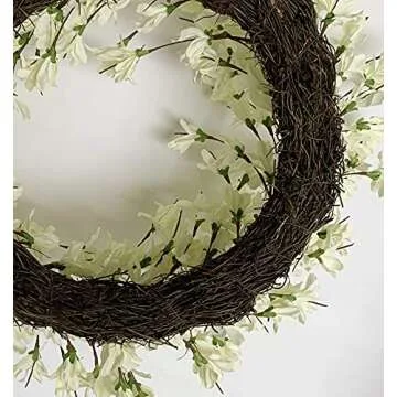 White Cream Forsythia Wreath 24 Inch Spring Front Door Blossom Cluster Flower Farmhouse Wreath on Grapevine for Christmas Festival Celebration Front Door Wall Window Hanging Décor