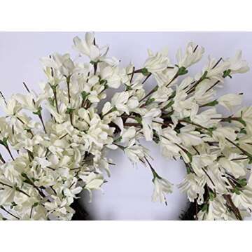White Cream Forsythia Wreath 24 Inch Spring Front Door Blossom Cluster Flower Farmhouse Wreath on Grapevine for Christmas Festival Celebration Front Door Wall Window Hanging Décor