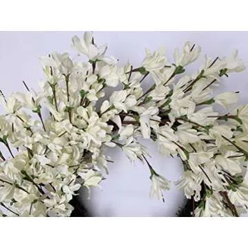 White Cream Forsythia Wreath 24 Inch Spring Front Door Blossom Cluster Flower Farmhouse Wreath on Grapevine for Christmas Festival Celebration Front Door Wall Window Hanging Décor