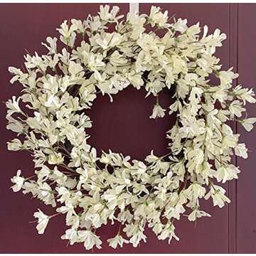 White Cream Forsythia Wreath 24 Inch Spring Front Door Blossom Cluster Flower Farmhouse Wreath on Grapevine for Christmas Festival Celebration Front Door Wall Window Hanging Décor