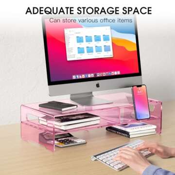 Stylish HEWYIOS Pink Acrylic Monitor Stand with Storage