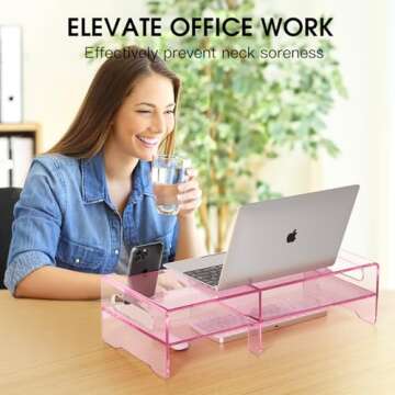 Stylish HEWYIOS Pink Acrylic Monitor Stand with Storage