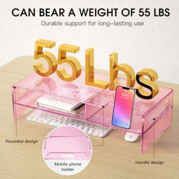 Stylish HEWYIOS Pink Acrylic Monitor Stand with Storage
