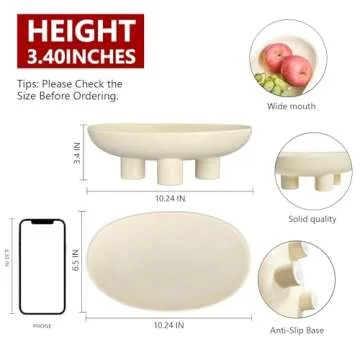 Fruit Bowl Three-Legs Ceramic Fruit Bowl for Kitchen Counter,10 Inch Fruit Basket Oval Large Decorative Bowl Candy Pedestal Key Bowl for Breads, Home Room Entryway Table Décor, Wabi-Sabi Matte Crème
