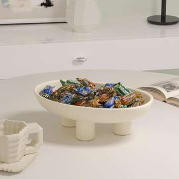 Fruit Bowl Three-Legs Ceramic Fruit Bowl for Kitchen Counter,10 Inch Fruit Basket Oval Large Decorative Bowl Candy Pedestal Key Bowl for Breads, Home Room Entryway Table Décor, Wabi-Sabi Matte Crème