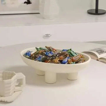 Fruit Bowl Three-Legs Ceramic Fruit Bowl for Kitchen Counter,10 Inch Fruit Basket Oval Large Decorative Bowl Candy Pedestal Key Bowl for Breads, Home Room Entryway Table Décor, Wabi-Sabi Matte Crème