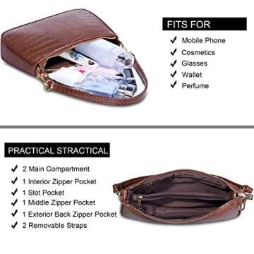 NIUEIMEE ZHOU 90s Small Shoulder bag with 2 Removable Straps Cross Body Clutch Purse Handbag for Women (Brown With Croc Pattern)