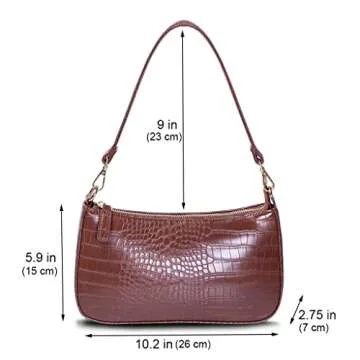 NIUEIMEE ZHOU 90s Small Shoulder bag with 2 Removable Straps Cross Body Clutch Purse Handbag for Women (Brown With Croc Pattern)