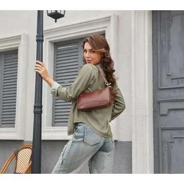 NIUEIMEE ZHOU 90s Small Shoulder bag with 2 Removable Straps Cross Body Clutch Purse Handbag for Women (Brown With Croc Pattern)