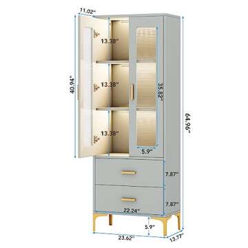 Tribesigns Set of 2 Bookcase with Doors and LED Light, Gray Bookshelf with 2 Drawers, Freestanding Tall Storage Cabinet for Living Room, Bathroom, Office, Kitchen