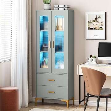 Tribesigns Set of 2 Bookcase with Doors and LED Light, Gray Bookshelf with 2 Drawers, Freestanding Tall Storage Cabinet for Living Room, Bathroom, Office, Kitchen