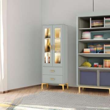 Tribesigns Set of 2 Bookcase with Doors and LED Light, Gray Bookshelf with 2 Drawers, Freestanding Tall Storage Cabinet for Living Room, Bathroom, Office, Kitchen