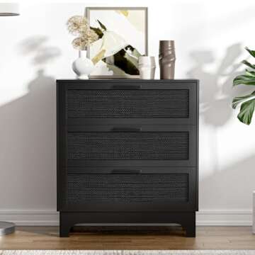 Anmytek 35" H Black Rattan Dresser, Farmhouse 3 Drawer Dresser with Natural Rattan Spacious Chest of Drawers for Living Room, Nursery, Hallway H0096