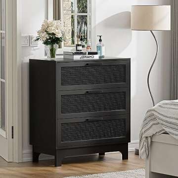 Anmytek 35" H Black Rattan Dresser, Farmhouse 3 Drawer Dresser with Natural Rattan Spacious Chest of Drawers for Living Room, Nursery, Hallway H0096