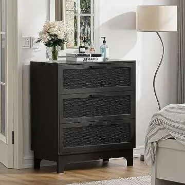 Anmytek 35" H Black Rattan Dresser, Farmhouse 3 Drawer Dresser with Natural Rattan Spacious Chest of Drawers for Living Room, Nursery, Hallway H0096