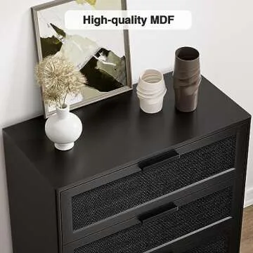 Anmytek 35" H Black Rattan Dresser, Farmhouse 3 Drawer Dresser with Natural Rattan Spacious Chest of Drawers for Living Room, Nursery, Hallway H0096